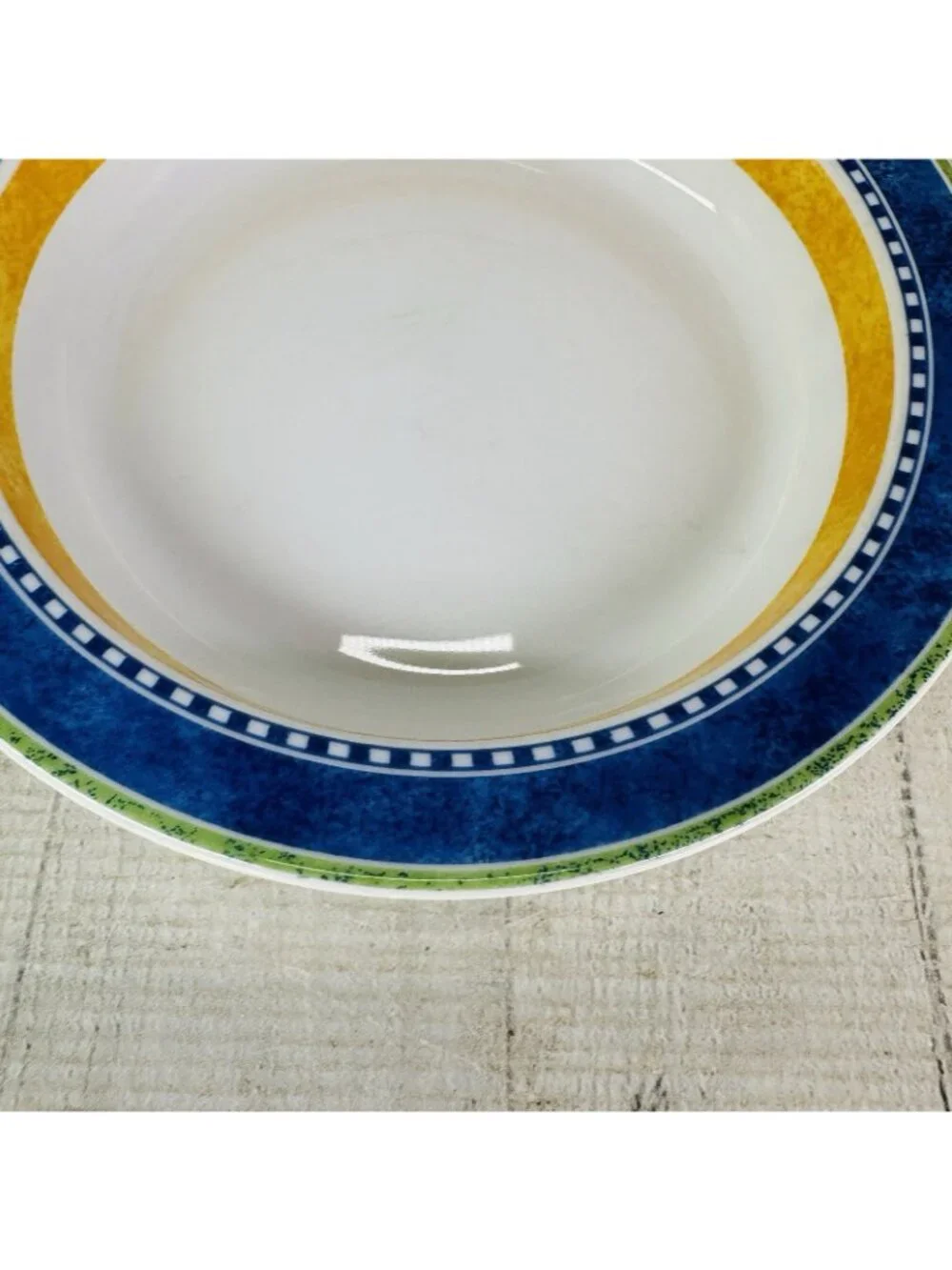 Dansk Bistro KOBENHAVN Blue Yellow Band Smooth Green Trim Rimmed Soup Bowl Set 4